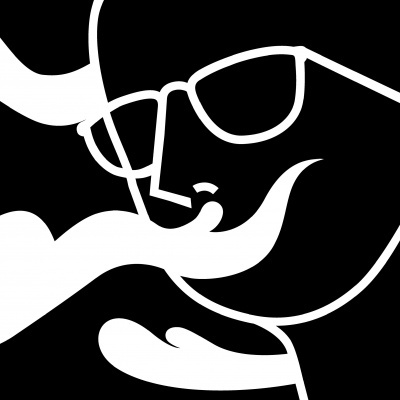 Desenho gráfico preto e branco de rosto estilizado com óculos e bigode