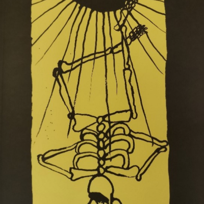 Capa de livro com esqueleto pendurado de cabeça para baixo e texto 'cabeças cortadas' e 'PEDRO BRAVO'