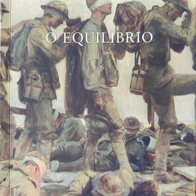 Capa de livro com soldados e texto O EQUILÍBRIO de Tonino Guerra.