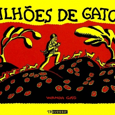 Capa de livro com título 'MILHÕES DE GATOS', ilustração de figura humana e muitos gatos em colinas, cores amarelo, vermelho e preto