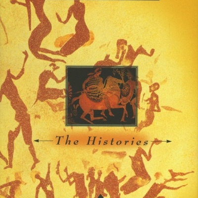 Capa de livro amarela com figuras humanas e texto HERODOTUS The Histories