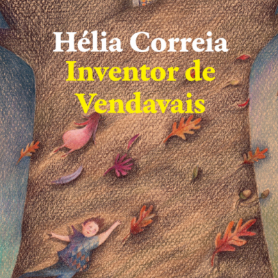 Capa de livro com desenho de árvore grande, crianças e texto do título e autor