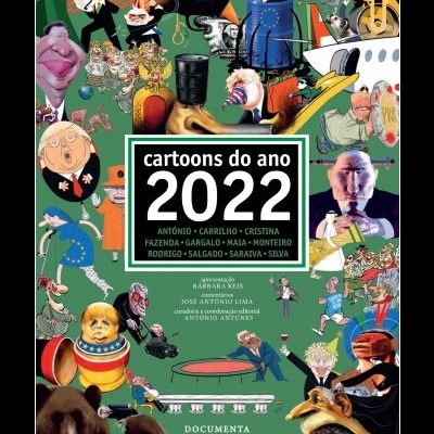 Capa do livro cartoons do ano 2022 com caricaturas coloridas e texto em branco