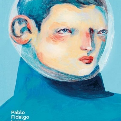 Capa de livro azul com rosto masculino estilizado e texto em branco