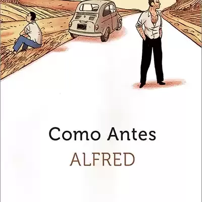 Ilustração de estrada rural com carro clássico e homens, texto Como Antes ALFRED