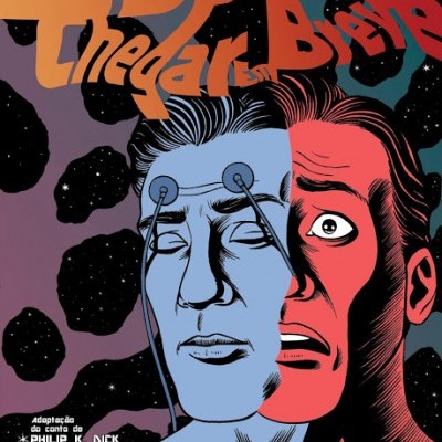 Capa de livro com duas faces, uma azul e outra vermelha, texto colorido no fundo estrelado.