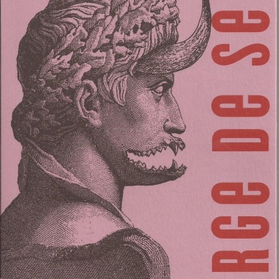 Capa de livro rosa com retrato em perfil de figura com máscara de animal e texto vermelho Jorge de Sena