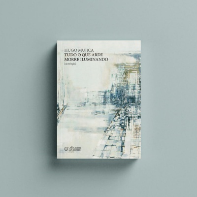 Livro com capa branca e desenhos abstratos azuis e cinzentos no fundo cinzento claro