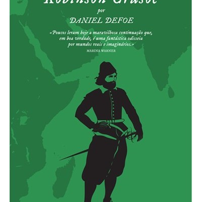 Capa de livro verde com título 'As Novas Aventuras de Robinson Crusoe' e ilustração de figura masculina em preto.