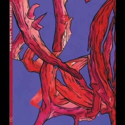 Capa de livro com ilustração vermelha em fundo azul e texto na lombada