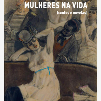 Capa de livro com ilustração de mulher loira em vestido branco com cinto azul num sofá castanho e texto em branco