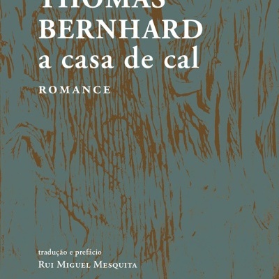 Capa do livro a casa de cal de Thomas Bernhard com padrão de madeira fundo azul esverdeado