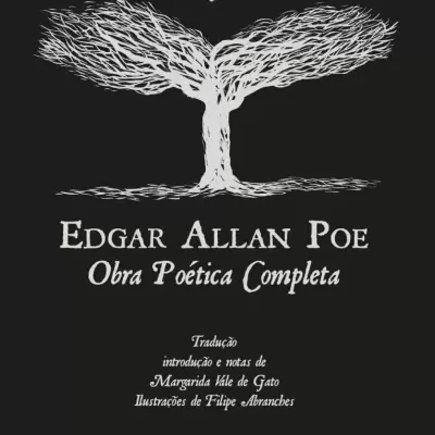 Capa de livro Edgar Allan Poe com árvore branca em fundo preto