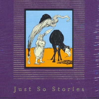 Capa de livro roxa 'Just So Stories' com ilustração e texto dourado