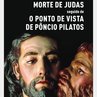 Capa de livro 'Morte de Judas' de Paul Claudel com imagem de dois homens barbados e texto branco