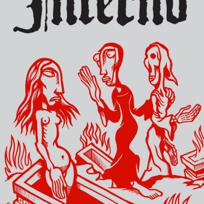 Capa de livro Inferno com ilustração vermelha de figuras humanas estilizadas e chamas em fundo cinzento