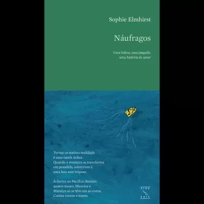 Capa do livro 'Náufragos' com bote amarelo no mar azul e texto em verde e branco