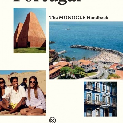 Capa de livro 'Portugal The MONOCLE Handbook' com fotos de arquitetura, praia e pessoas
