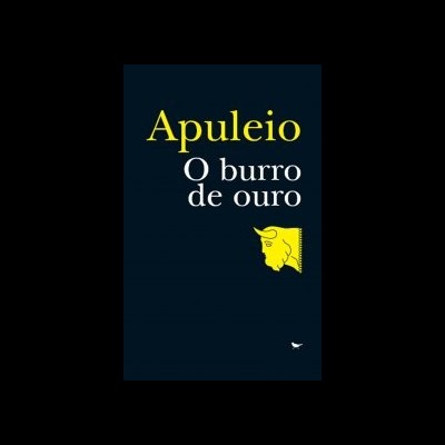 Capa de livro com título 'O burro de ouro' de Apuleio em fundo preto com texto amarelo e branco