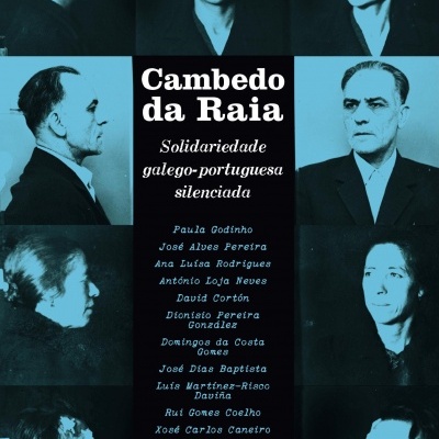Capa do livro Cambedo da Raia com fotografias em preto e branco de seis pessoas em fundo azul e texto central