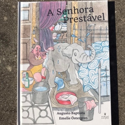 Capa de livro A Senhora Prestável com ilustração de elefante sendo lavado por homem na cozinha e cama ao fundo