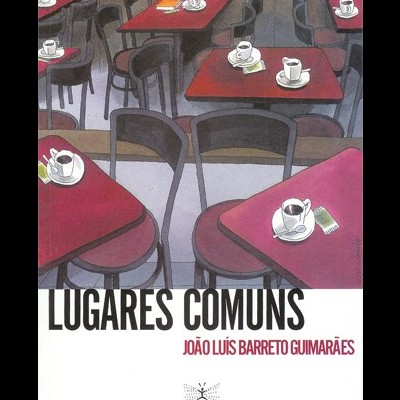 Capa de livro com mesas de café vermelhas, chávenas de café brancas, cadeiras pretas e texto do título e autor.
