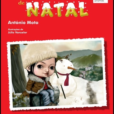 Capa do livro Sonhos de Natal com menino e boneco de neve em paisagem montanhosa