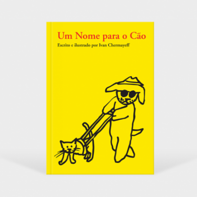 Capa de livro amarela com desenho preto de cão a passear gato e texto vermelho e verde