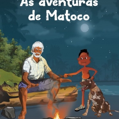 Capa de livro com homem, rapaz e cão junto a fogo de campismo à noite