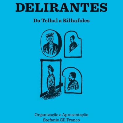 Capa azul de livro com texto e ilustrações a preto de silhuetas humanas