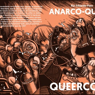 Capa de livro 'ANARCO-QUEER?' com ilustração gráfica em tons de laranja e preto