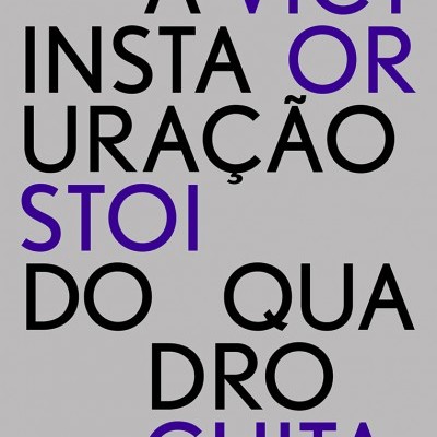Cartaz com texto em preto e roxo sobre fundo cinzento claro
