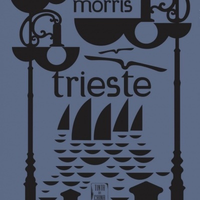Imagem gráfica com lampiões, veleiros e texto 'jan morris trieste'