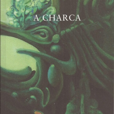 Capa de livro verde com desenho abstrato e textos MANUEL BIVAR, A CHARCA, LÍNGUA MORTA.