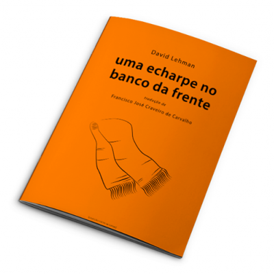 Livro laranja intitulado 'uma echarpe no banco da frente' com ilustração de echarpe na capa