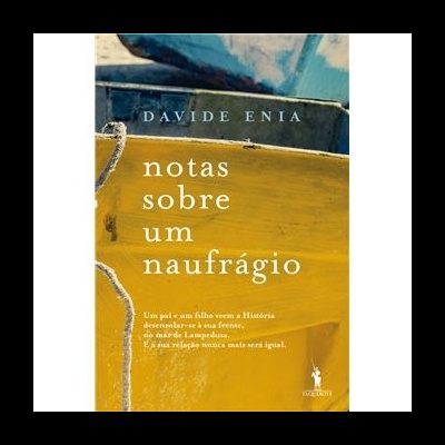 Capa de livro notas sobre um naufrágio em fundo azul e amarelo com textura de madeira