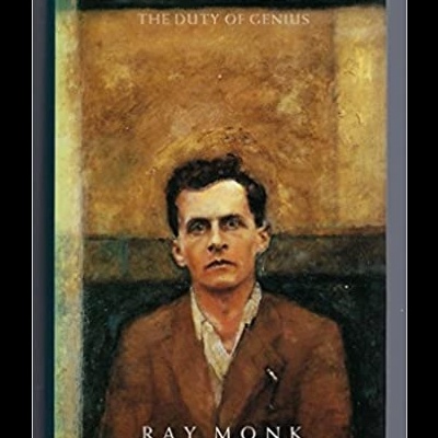 Capa de livro com retrato pintado de homem e texto Ludwig Wittgenstein The Duty of Genius Ray Monk