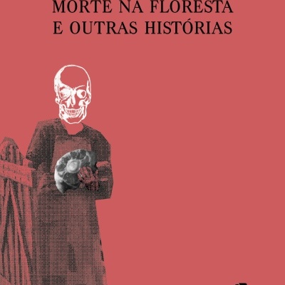 Capa de livro com figura de criança e rosto de esqueleto em fundo vermelho