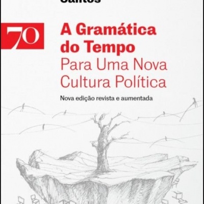 Capa de livro A Gramática do Tempo com desenho de árvore seca e cadeiras em fundo branco