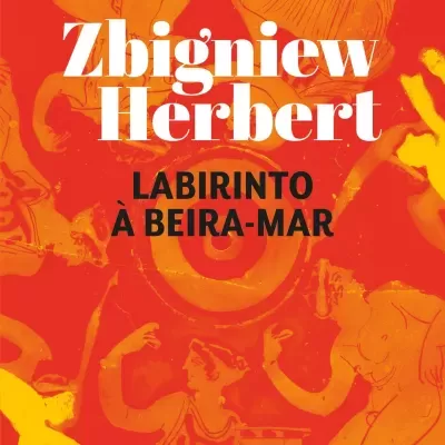 Capa de livro labirinto à beira-mar com ilustrações humanas em vermelho e amarelo