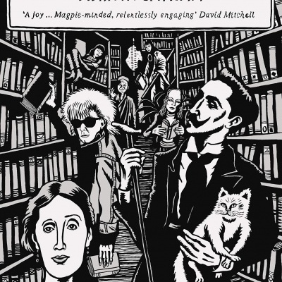 Capa do livro The Bookseller's Tale com desenhos a preto e branco de pessoas numa livraria