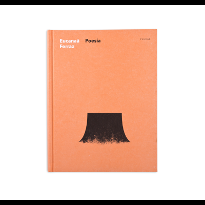 Livro de capa dura laranja com texto e ilustração preta.