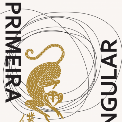 Capa de livro com macaco dourado e texto Murakami, Primera Pessoa do Singular