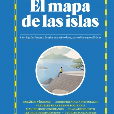 Capa de livro azul com título El mapa de las islas e imagem circular de uma pessoa sentada junto ao mar