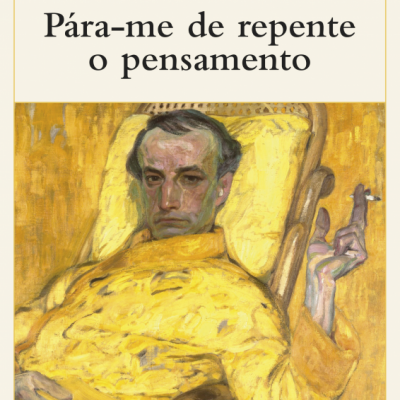 Capa do livro 'Pára-me de repente o pensamento' de Ângelo de Lima com ilustração de homem sentado em cadeira amarela.