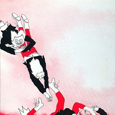 Ilustração colorida com cinco pessoas caindo e texto 'Família' em cima