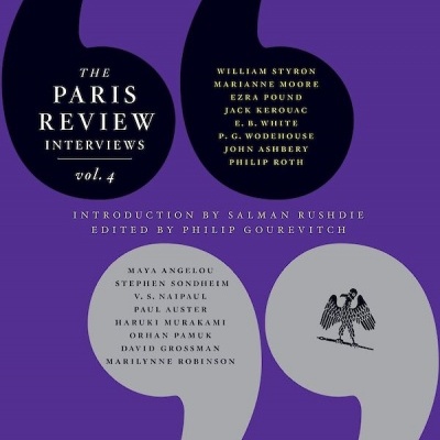 Capa do livro The Paris Review Interviews vol. 4 com texto e grandes aspas pretas e cinzentas em fundo roxo