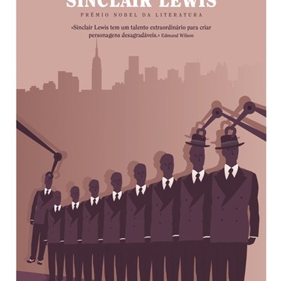 Capa de livro com homens de terno e chapéu alinhados e manipulados por braços mecânicos