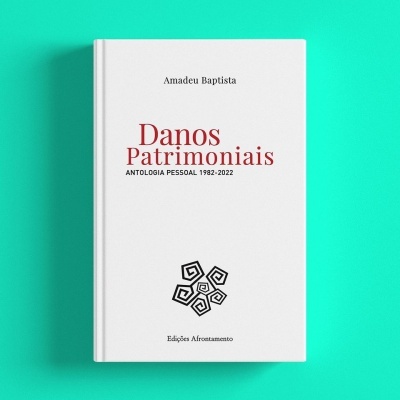 Capa branca de livro 'Danos Patrimoniais' com texto em vermelho e preto e fundo azul turquesa