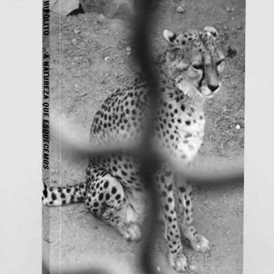 Capa de livro com foto preta e branca de um guepardo sentado atrás de uma vedação.